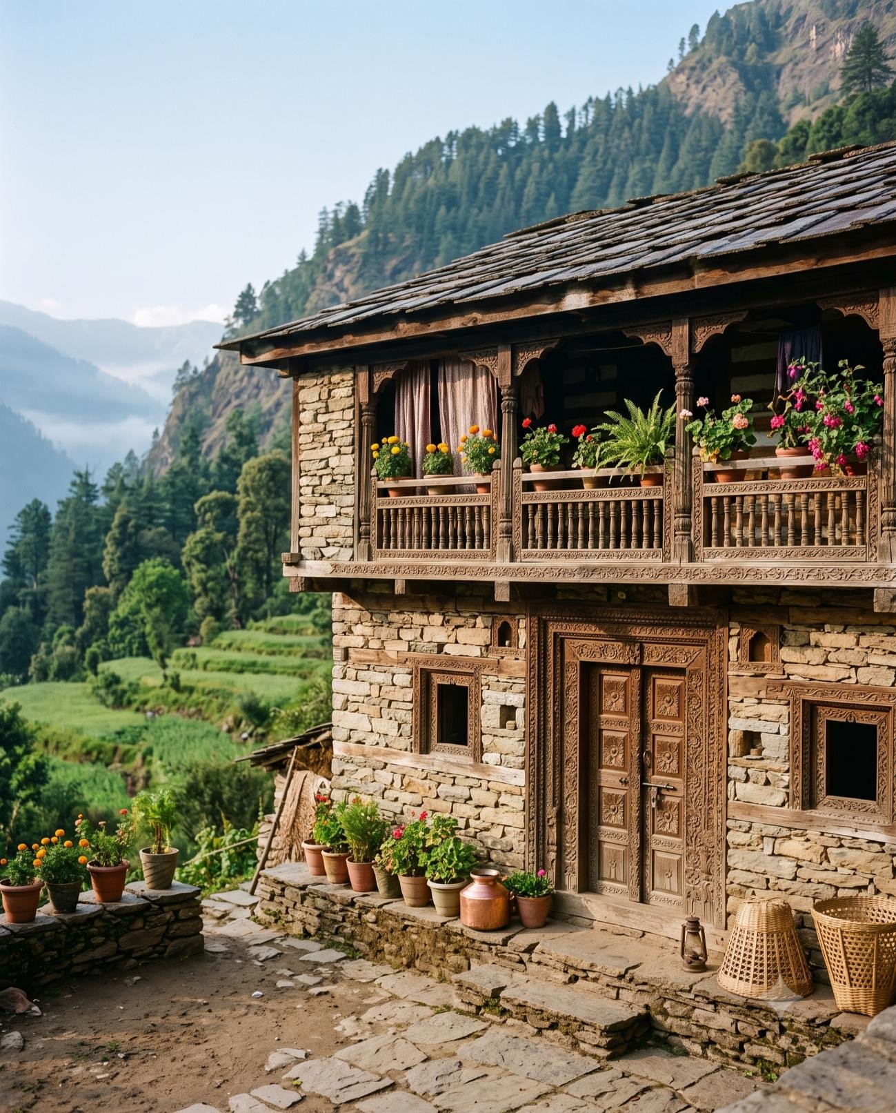 Traditional stone and wood village home in Uttarakhand
