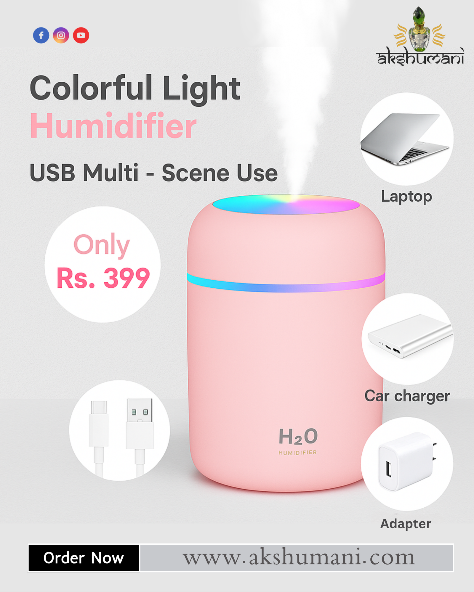 H2O Colorful Cool Mist Mini Humidifier with USB, LED Night Light & 2 Mist Modes – Ideal for Car, Office & Home