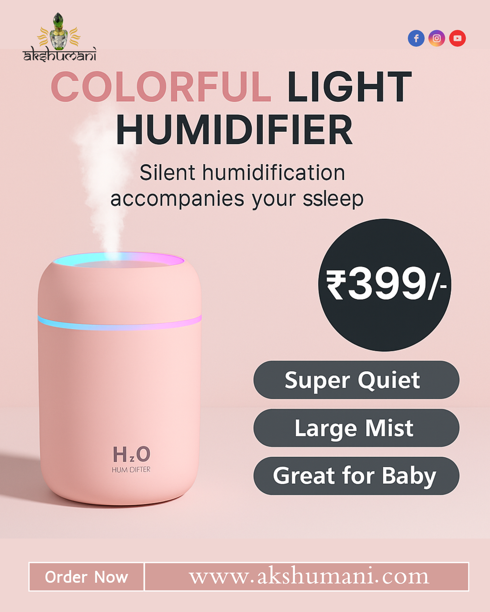 H2O Colorful Cool Mist Mini Humidifier with USB, LED Night Light & 2 Mist Modes – Ideal for Car, Office & Home